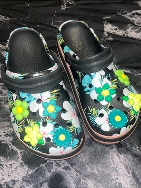 Floral Black crocs crocband Clog Shoes with Teal & Lime Accents m5 w7